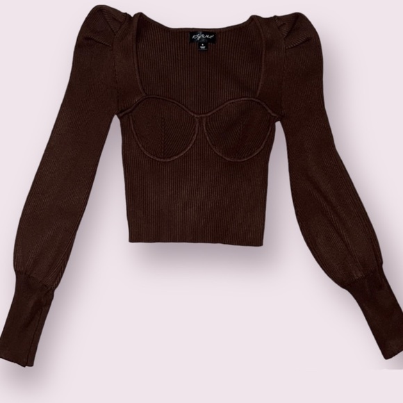NWOT Brown Sweetheart Neck and Puff Shoulder Ribbed Sweater - Picture 2 of 4